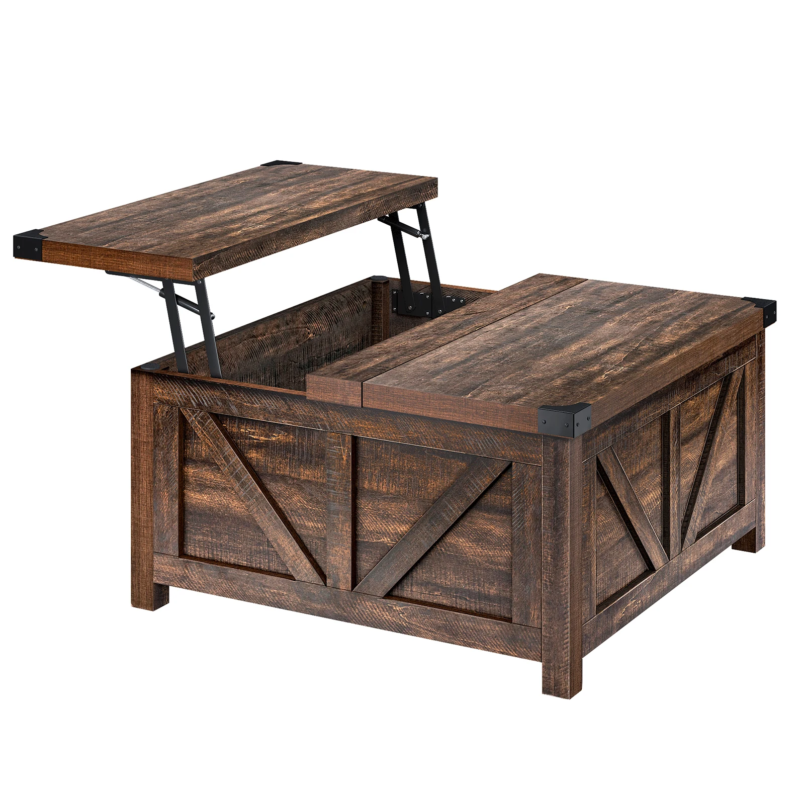 Farmhouse Lift Top Coffee Table, Mesa central da sala de estar com espaço oculto, Wood Square Center Table com estação de carregamento, Marrom