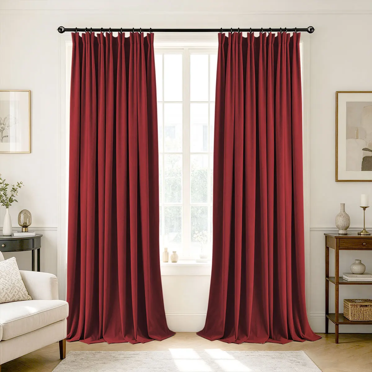Wine Red Velvet Blackout Curtains 2‑Pack, Pinch Pleat Hook Top Drapes, Modern Solid Curtain for Bedroom Living Room Home Decor