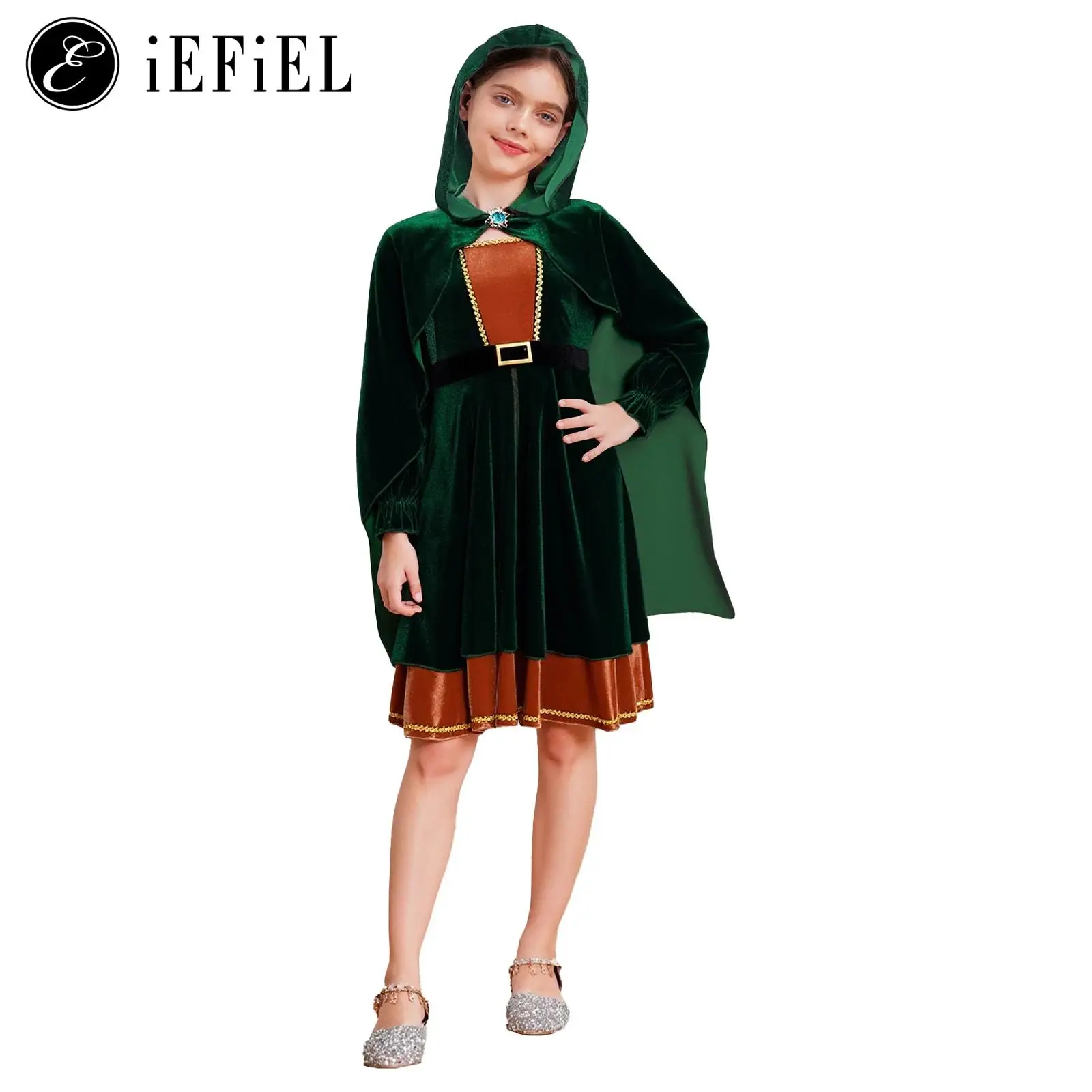 

Girls Jungle Archer Forest Lost Halloween Cosplay Costume Velvet Hoodie Cape with Long Sleeve A Line Dress