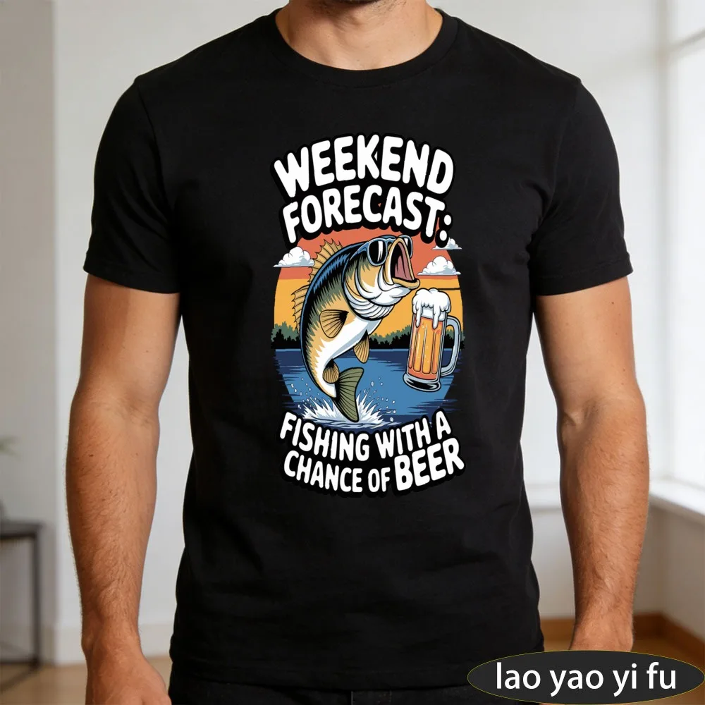 Weekend Forecast Fishing with A Chance of Beer T-Shirt Men Bass Fish Graphic Tee Casual Cotton Tops for Anglers Beer Lovers