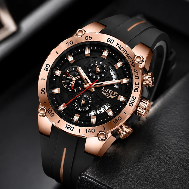 Neue LIGE Herrenuhr Schwarzes Silikon Wasserdicht Chronograph Quarz-Armbanduhr Luxus Sport Datum Uhr Männliche Casual Leuchtende Uhren