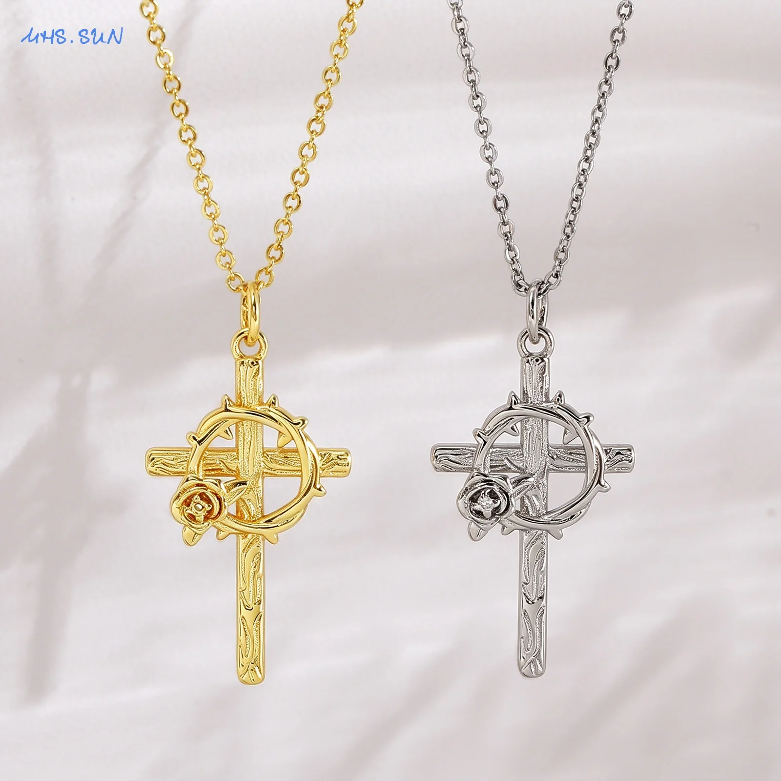 MHS.SUN – colliers avec pendentif croix ronde en forme de rose pour femmes et hommes, chaîne classique couleur or/argent, bijoux religieux pour fête, cadeaux