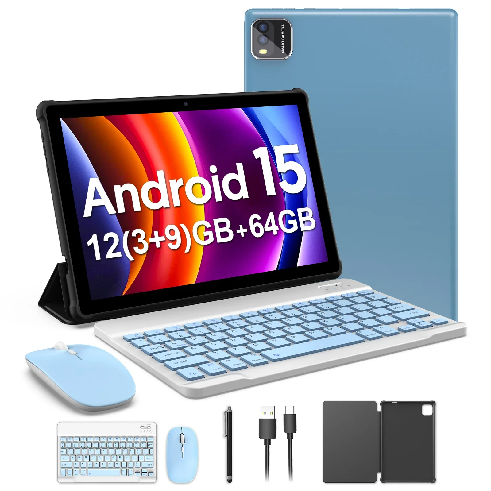 تابلت أندرويد 15 مقاس 10 بوصات، معالج رباعي النواة، وذاكرة وصول عشوائي 12 جيجابايت (3+9 قابلة للتوسيع) + تخزين 64 جيجابايت، و5 جيجا واي فاي، و1280*800، و2 في 1 تابلت ذكي