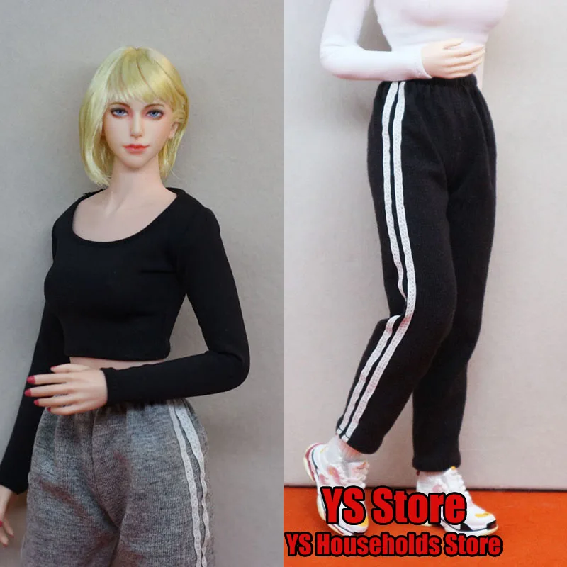 2 Styles 1/6 Female Soldier Black Tight Top  Long Sleeve Short Square Collar Shirt Striped Straight Sport Pants For 12