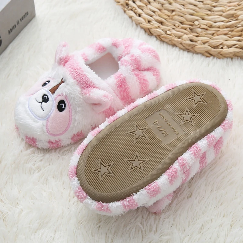 Toddler Boy Slippers for Girls Winter Plush Warm Kid Indoor Footwear Cartoon Raccoon Anti-slip Rubber Sole Home Shoes Baby Items