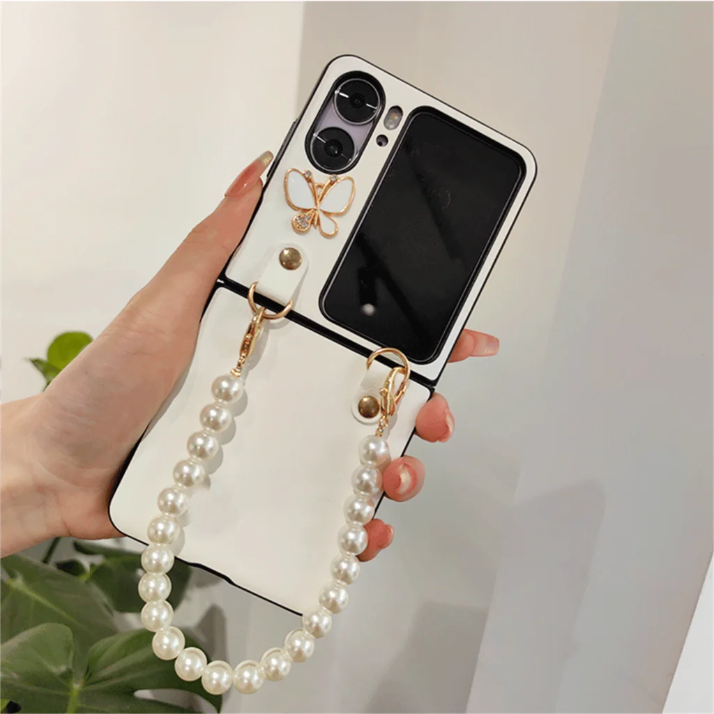 Luxury Pearl Bracelet Phone Case for OPPO Find N3 FLIP findn3 flip Find N2 Flip Simple Veneering Butterfly Shockproof Cover