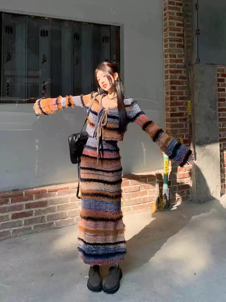 Vintage Striped Knit Cardigan Set Women Autumn Winter Slim Lace Up Long Sleeve Cardigan Y2K Casual Camis Vestidos 2 Piece Sets