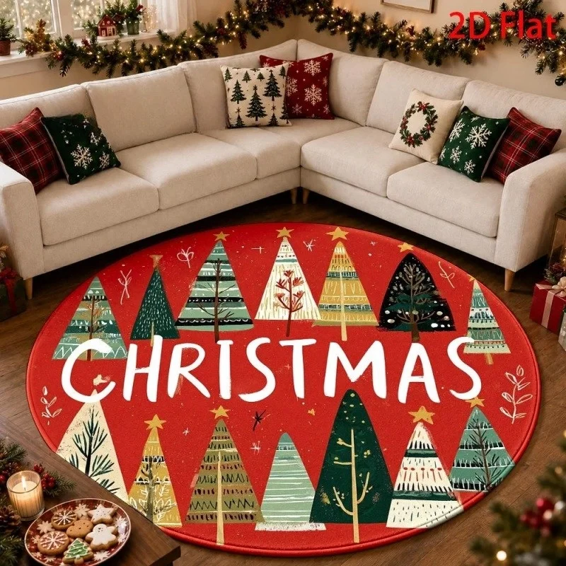 Let It Snow Poinsettia Christmas Round Rug, Winter Flower Printed Floor Mat, Xmas Indoor Decor Carpet