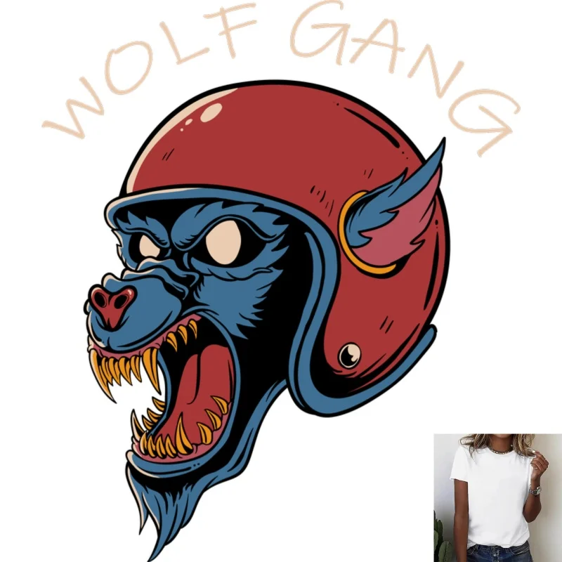 WOLF GANG Helmet Wolf Head Heat Transfer White Ink Iron - on Patch, Trendy Street Style, Suitable for T - shirts/Canvas
