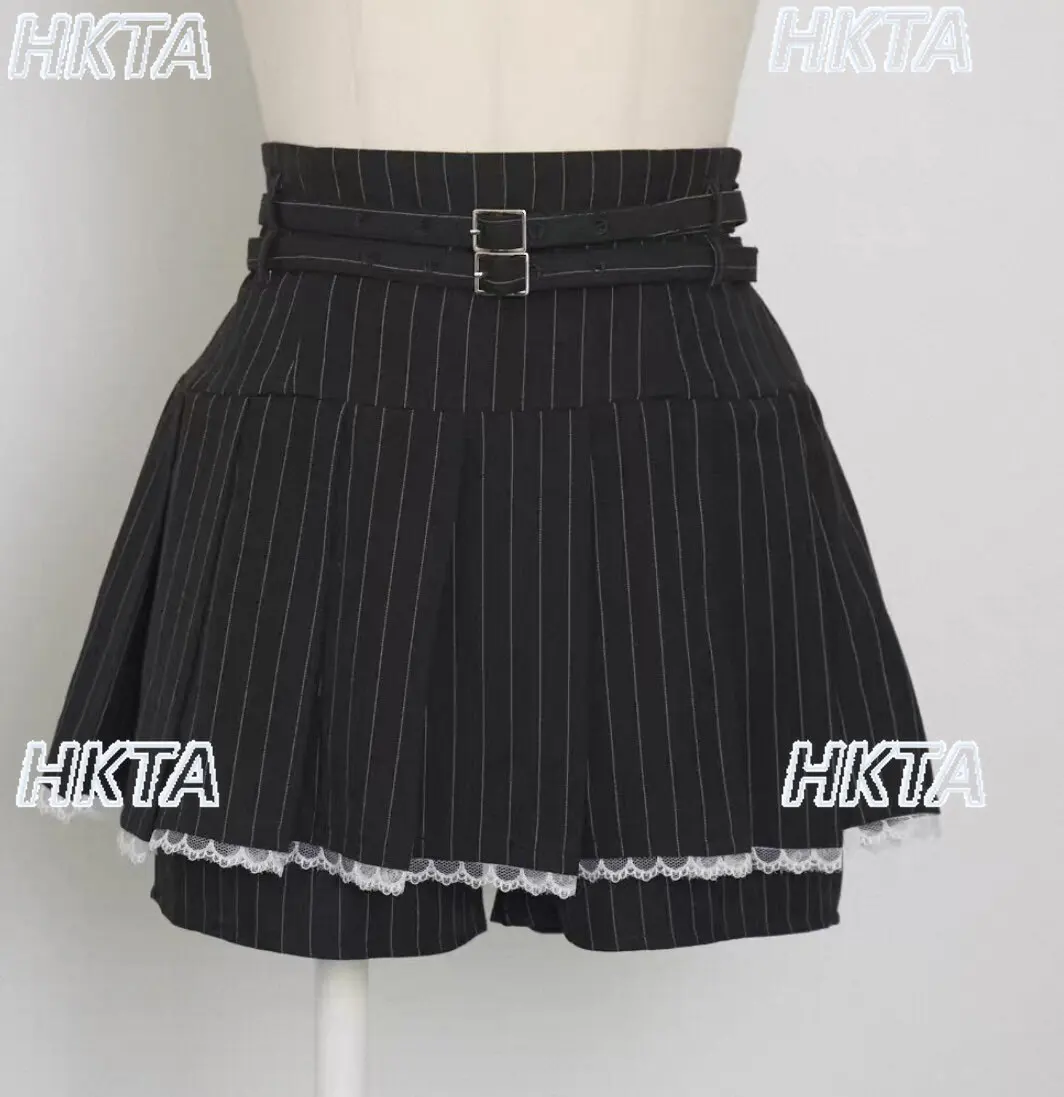 

Japanese Style Sweet Double Belt Slimming Glossy Skirt Summer New High Waist Fashion Pleated Short Skirts Women Black Mini Skirt