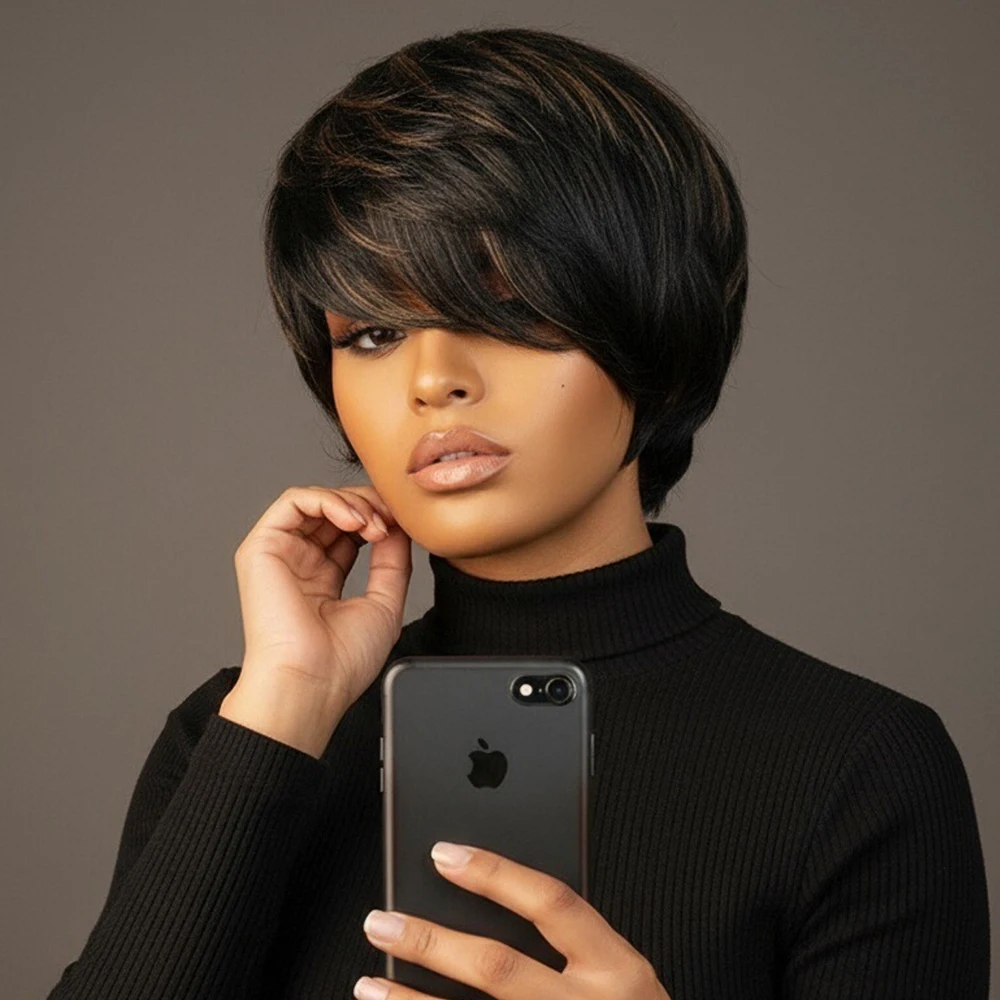 

Прямой парик с стрижкой пикси, короткие парики из натуральных волос с предварительно выщипанной челкой для женщин, полностью машинное производство, 100% человеческие волосы