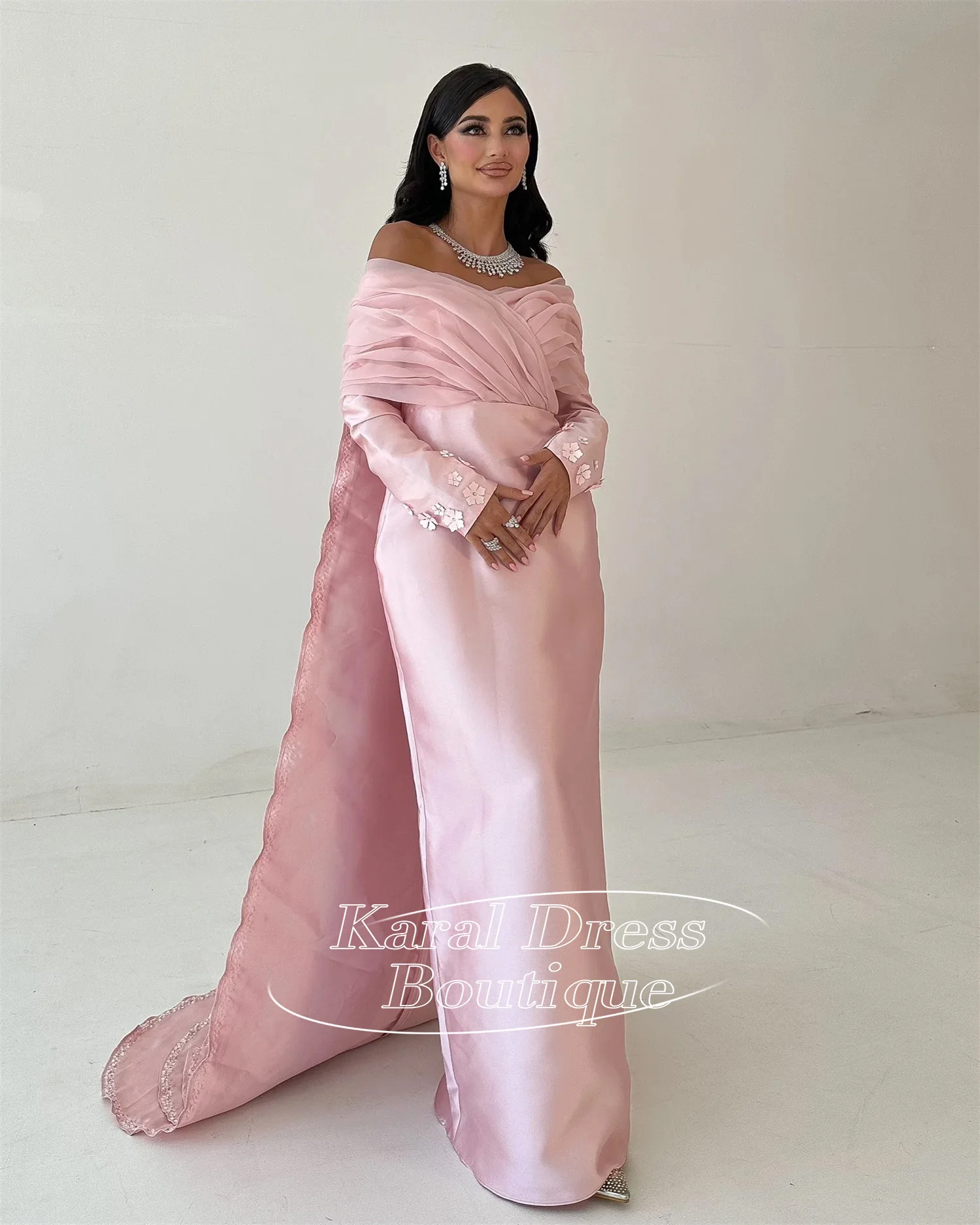 

Dubai Pink Mermaid Evening Dress Off the Shoulder Long Sleeve Applques Backless Corset Prom Gown for Pagenat Gown فساتين سهرة