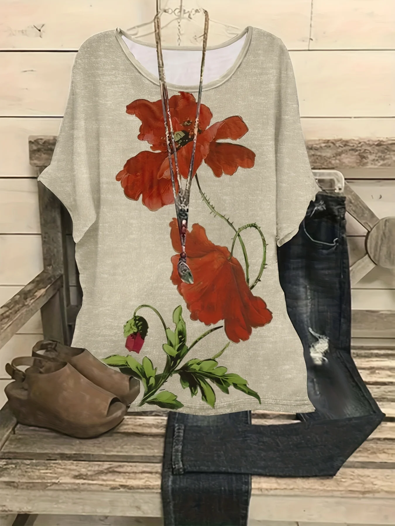 

Женская футболка больших размеров с цветочным принтом и коротким рукавом, повседневный свободный топ