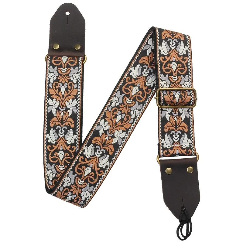 Vintage Flowers Guitar Strap Belt with Tail Nail Pick Bohemia Woven Embroidery Fabrics Genuine Leather Head Guitar Bass Strap