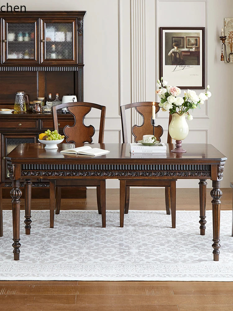 

ZML pure solid wood dining table and chair combination carved log rectangular large apartment restaurant household dining table
