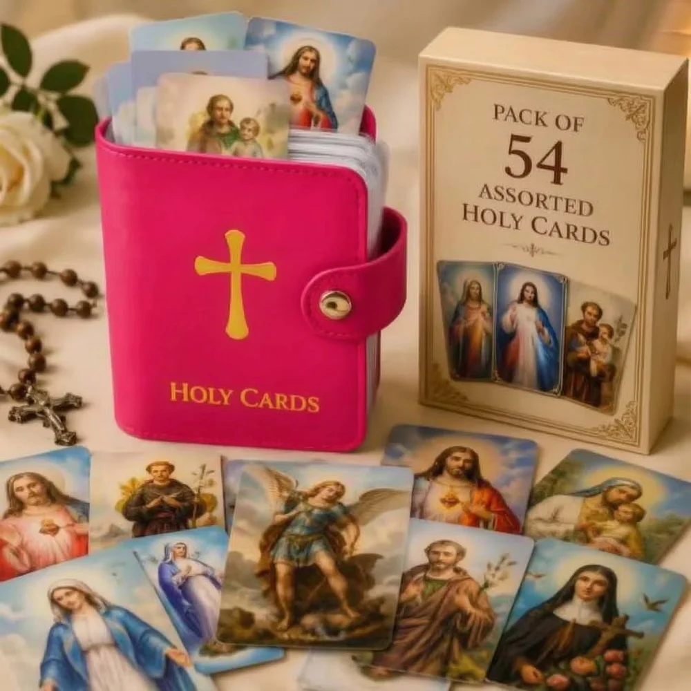 Catholic Faux Leather Holy Prayer Card Holder Snap Closure Multi‑purpose Pocket Religious Card Organizer Storage Pouch