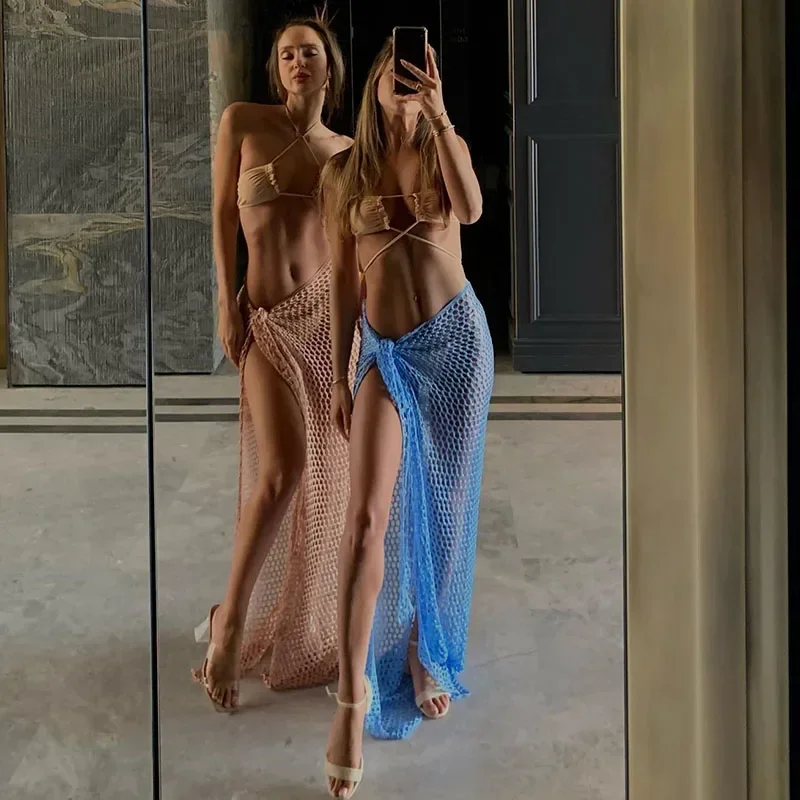 2024 plaj Cover Up seksi elbise örgü uzun etekler See Through Mesh Hollow Out Wrap beyaz Midi etek parti kıyafetleri