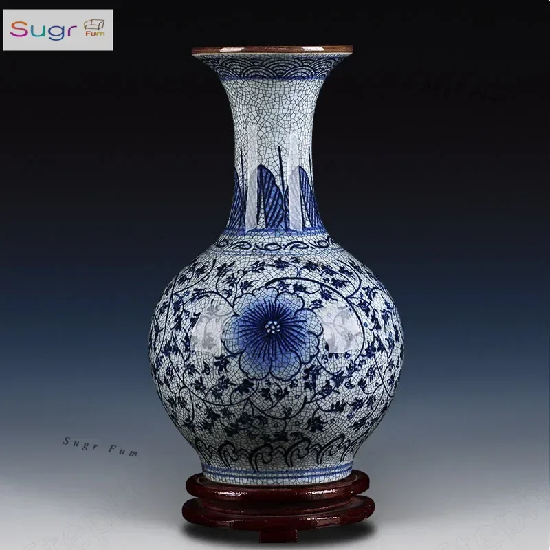 

Ice Crack Blue and White Porcelain Vases Chinese Retro Hand Painted Large Ceramic Vase Office Desktop Ornament Living Room Decor