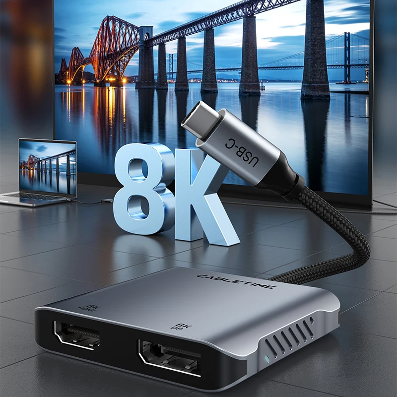 CABLETIME USB C to HDMI Hub 4K 8K Dual HDMI Adapter Splitter Multi Stream PD100W Dual Display Dock for Laptop Type C to HDMI MST