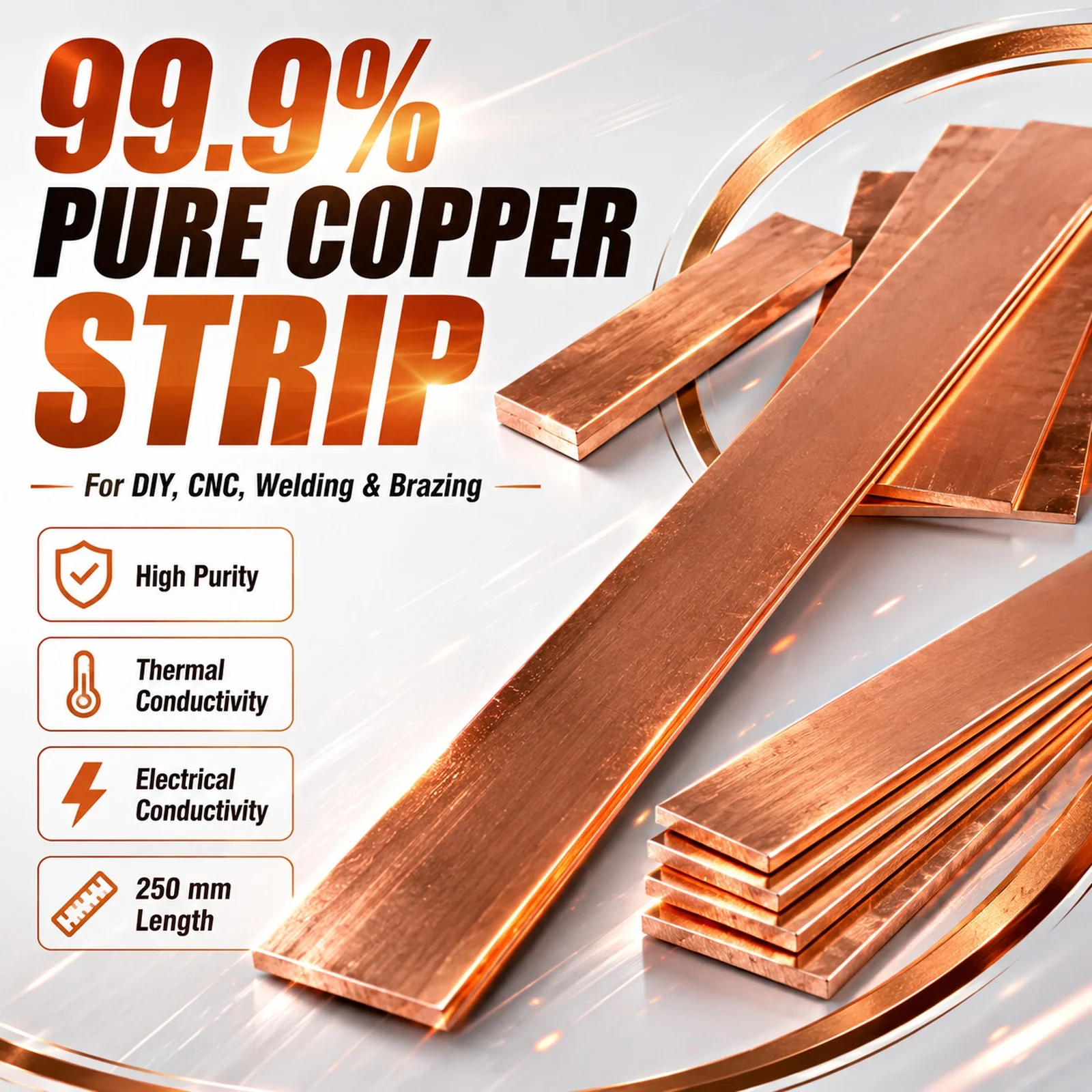1pcs Pure Red Coppers Flat Metal Plate Coppers Flat Bar Thickness 1/1.5/2/3/4/5/6/8mm Length 100/250 mm Coppers Bus Bar