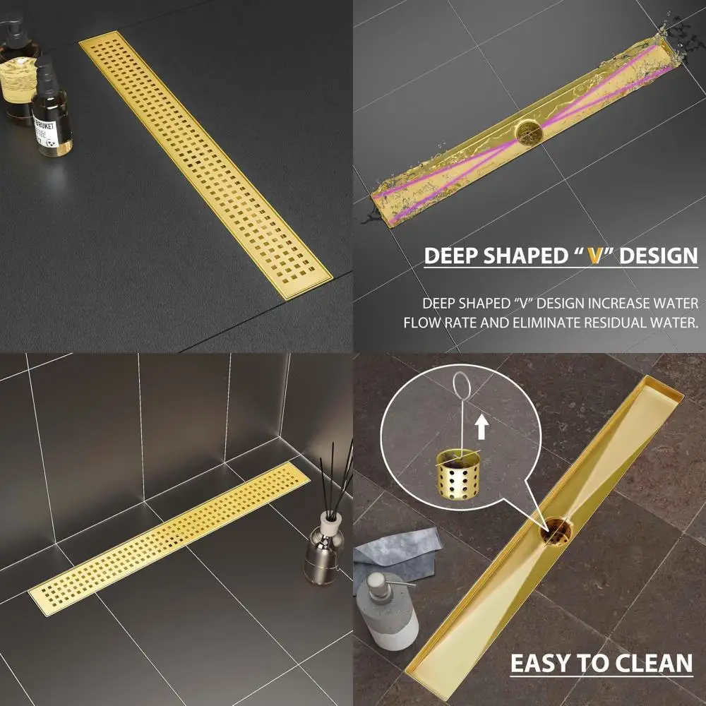 

24 Gold Linear Shower Drain with Removable Grate, Brushed Stainless Steel, Hair Strainer & Leveling Feet