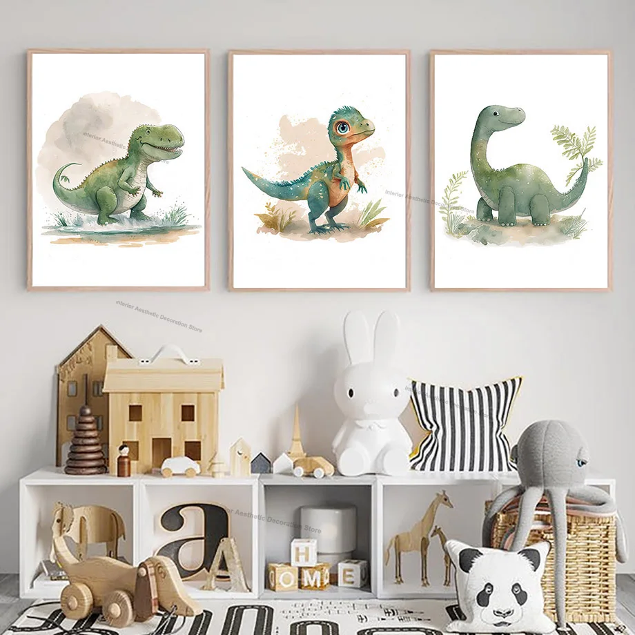 3PCS Watercolor Cartoon Dinosaur Canvas Print Cute Kids Nursery Animals Dino Poster Wall Art Baby Boys Room Home Decor Painting