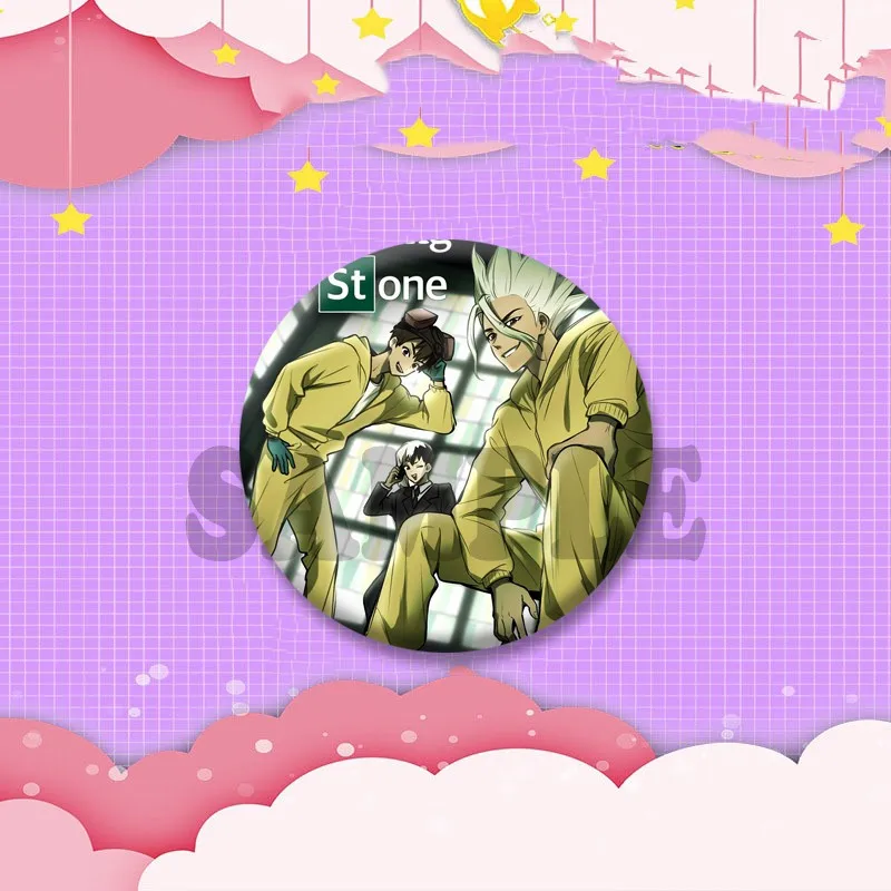 D-Dr. STONE Anime Coin Badges Cartoon Senku Ishigami Ginro Button Pins Manga Round Brooch for Backpack Hat Jewelry Accessories - view 6