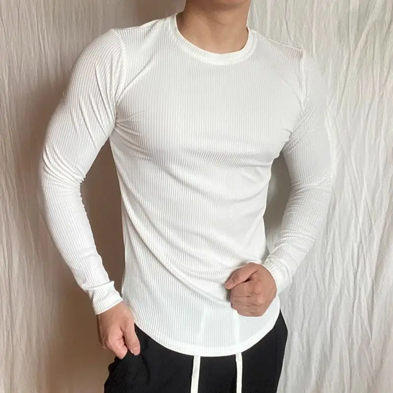 Sports Long-sleeved T-shirt Fitness Tights Slim Elastic Striped Round Neck Casual