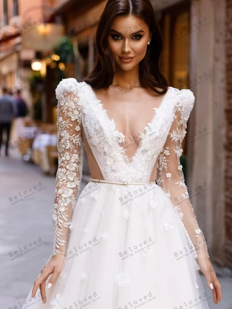 Lindo vestidos de casamento glamourosa vestidos de noiva rendas apliques mangas completas decote em v profundo robes vestidos de novia personalizado 2025