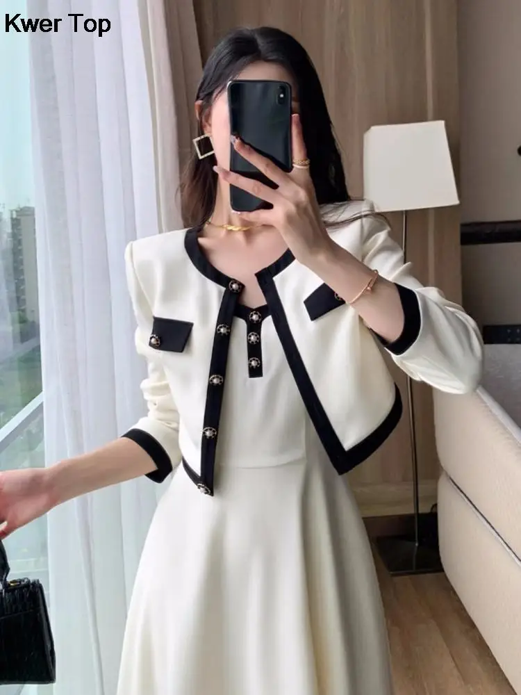 Elegant Solid Midi Dress 2 Piece Set Office Lady Chic Suit Spring Short Jacket Sleveless A-line Dresses Outfits Korean Clothes