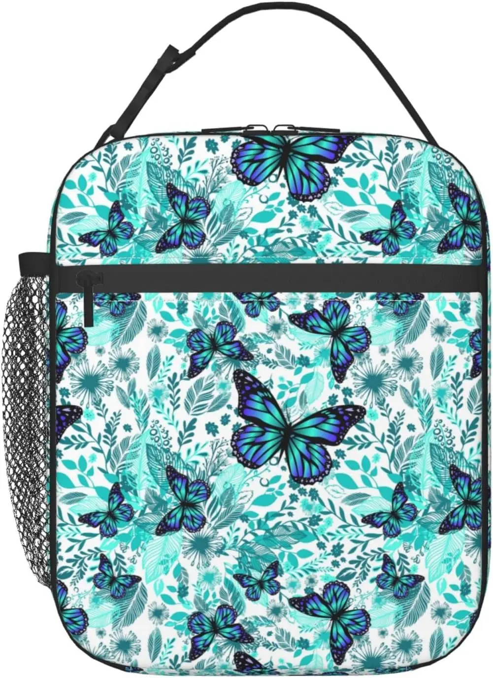 Borsa da pranzo isolata con farfalla e fiori blu per borsa da viaggio da ufficio per donna e uomo taglia unica per Picnic Shcool