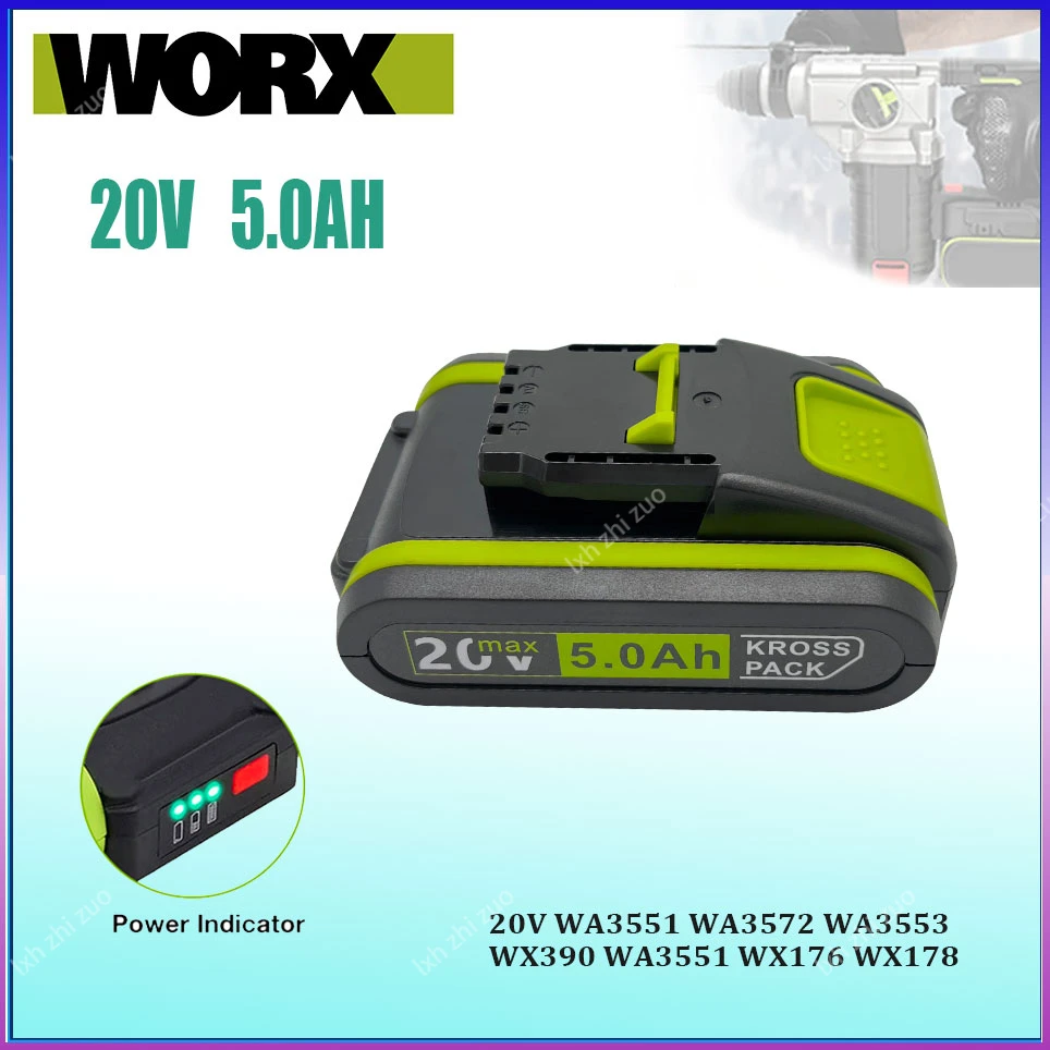 

2023 New 20V 5000mAh Power Tools Rechargeable Replacement Battery Lithium for Worx WA3551 WA3553 WX390 WX176 WX178 WX386 WX678