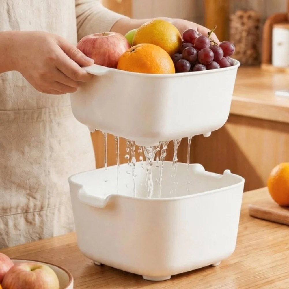 Stackable Dual Layer White Drain Basket Wash Grape Orange Kitchen Grocery Produce Rinse Practical Home Storage Goods