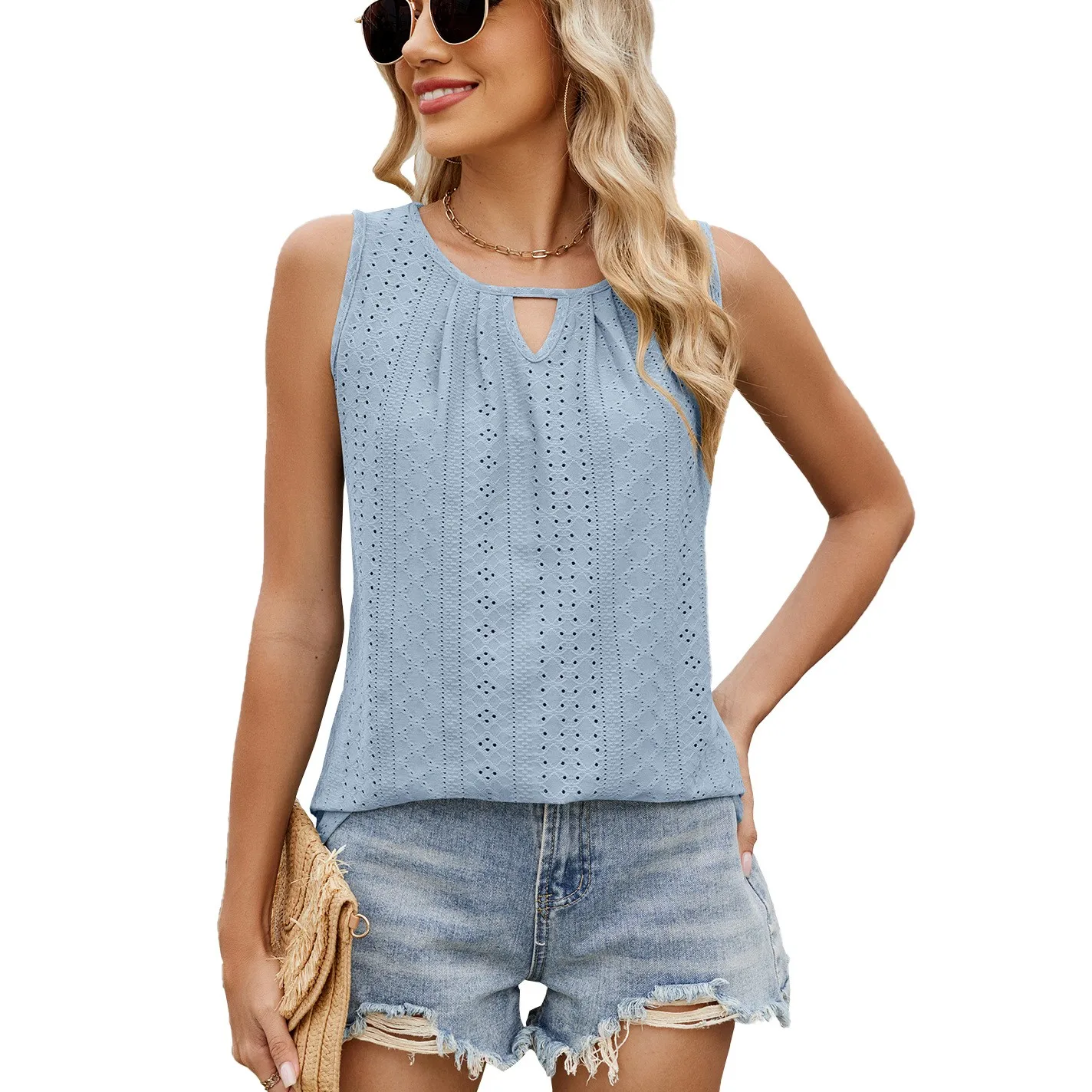 Women Summer Clothes Tank Top Loose Fit Cropped Sleeveless Top Round Neck Pastel Color Vest Keyhole Cutout Eyelet Lace Tank Top