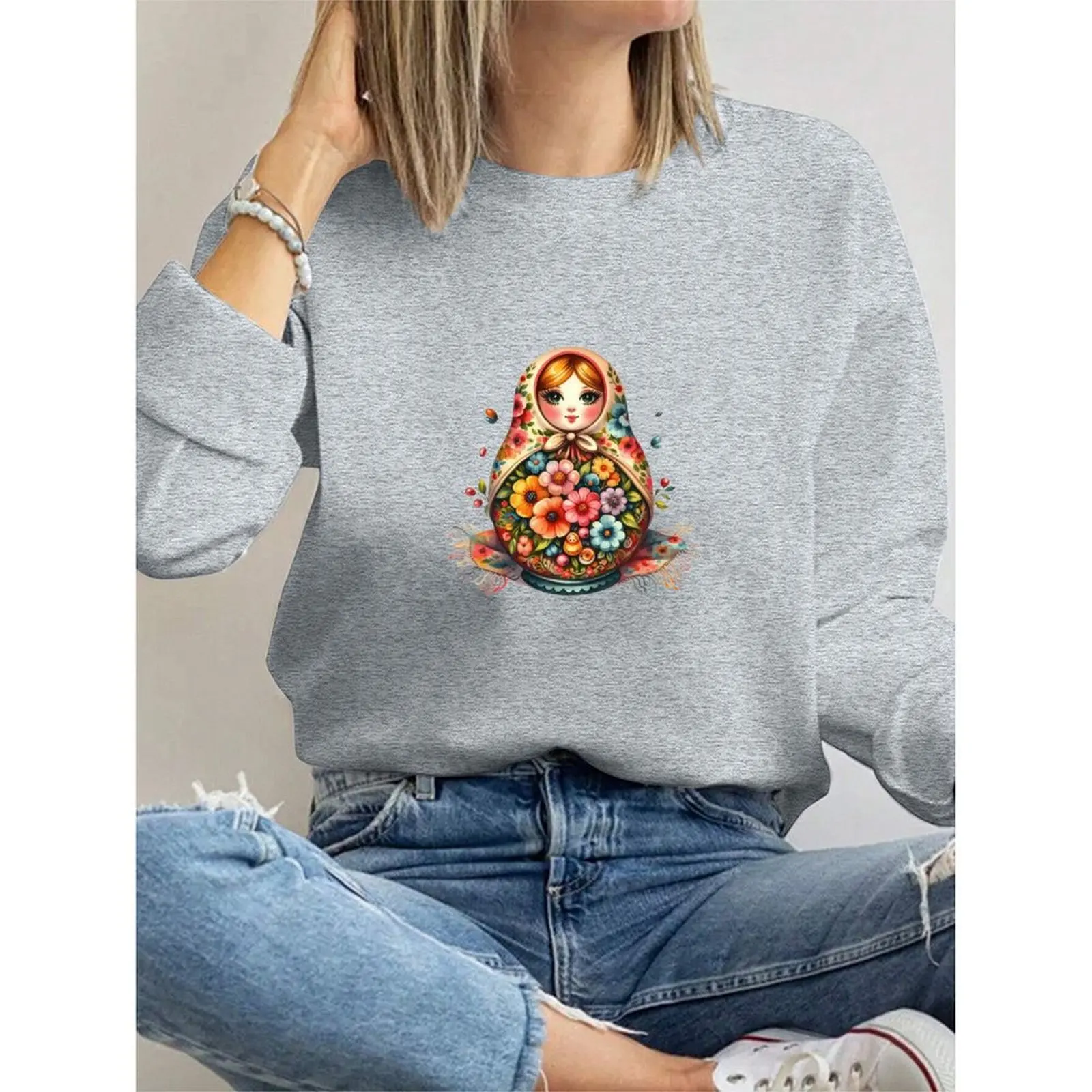 

Женская толстовка с круглым вырезом, бархатная, зимняя, повседневная ‌ Матрешка ‌ Кукольные пуловеры с длинными рукавами и принтом, женская одежда, топы