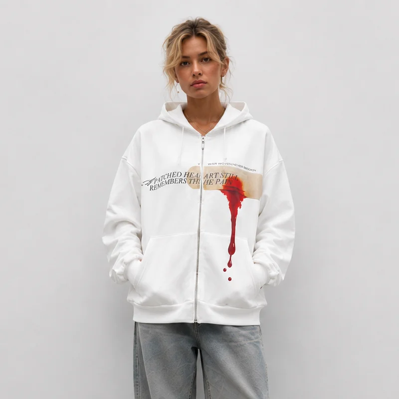 Y2K Women's Sweatshirt White Zip Up Hoodie Long Sleeve Abstract Red Drip Letter Print Loose Fit Vintage Streetwear Top