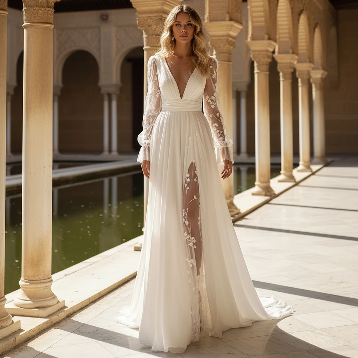 

Beach Vestidos Novia V Neck Long Sleeves Wedding Dress For Bride Sexy High Slit A Line Lace Chiffon Bridal Party Gown For Women