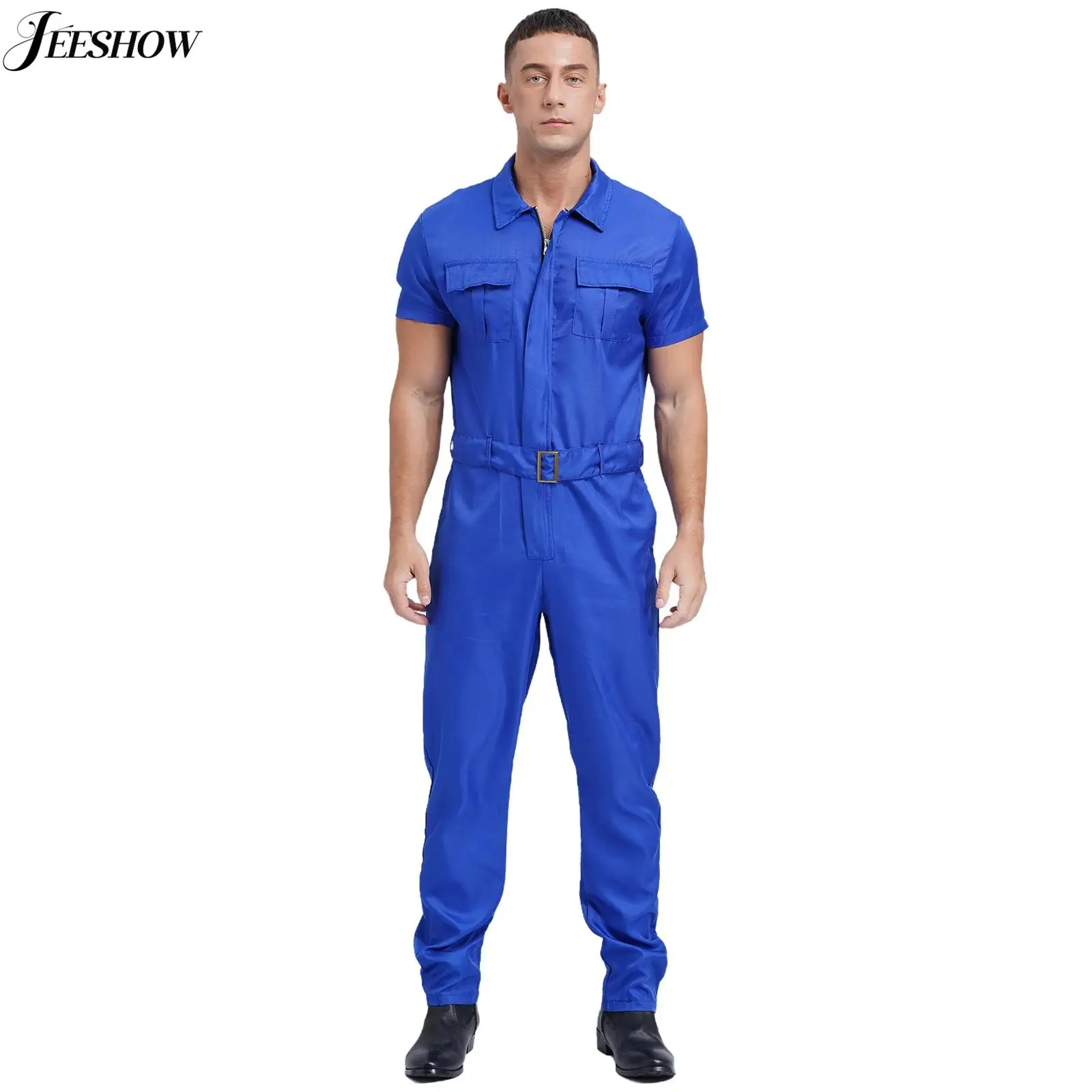 

Mens Wear Resistant Coverall Turn-Down Collar Short Sleeve Zipper Front Jumpsuit Multiple Pockets Overalls Dungarees Workwear