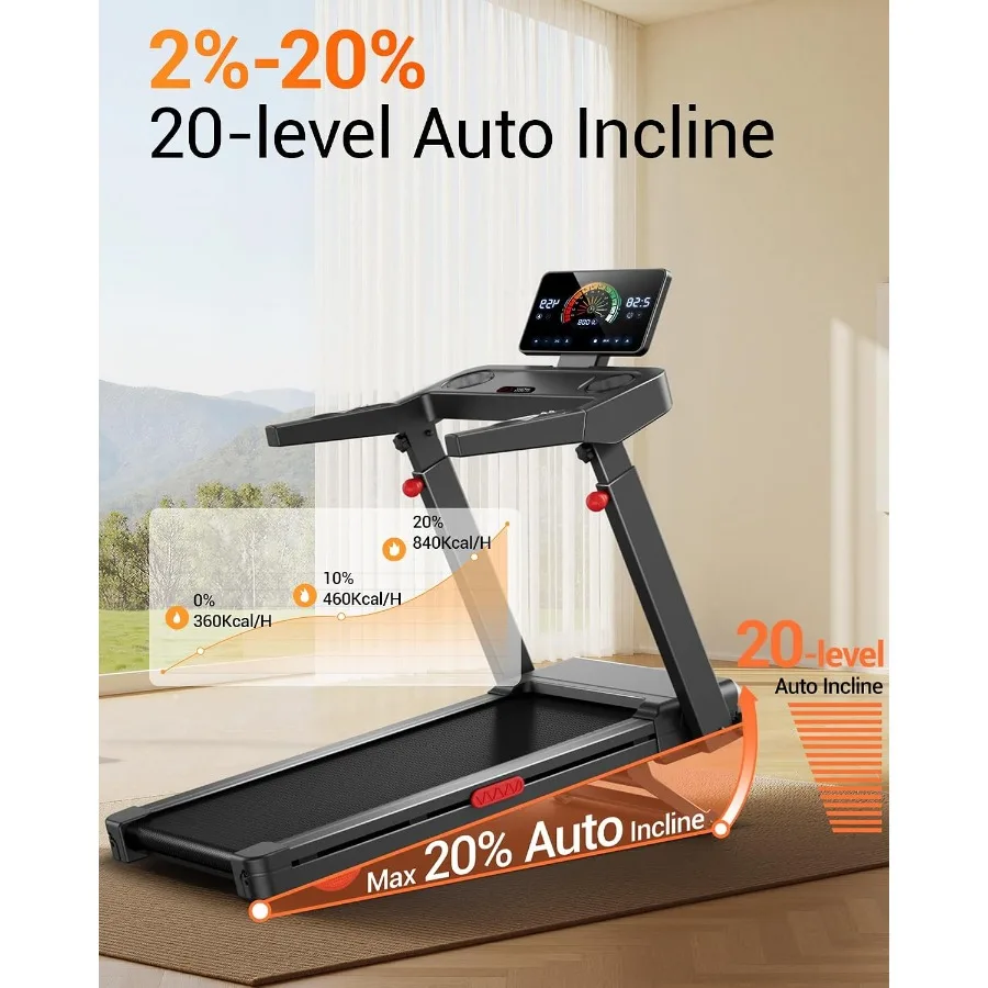 Treadmill with 20 Incline for Home Use, 3-Level Adjustable Height, Steel Frame, Black, Foldable Design
