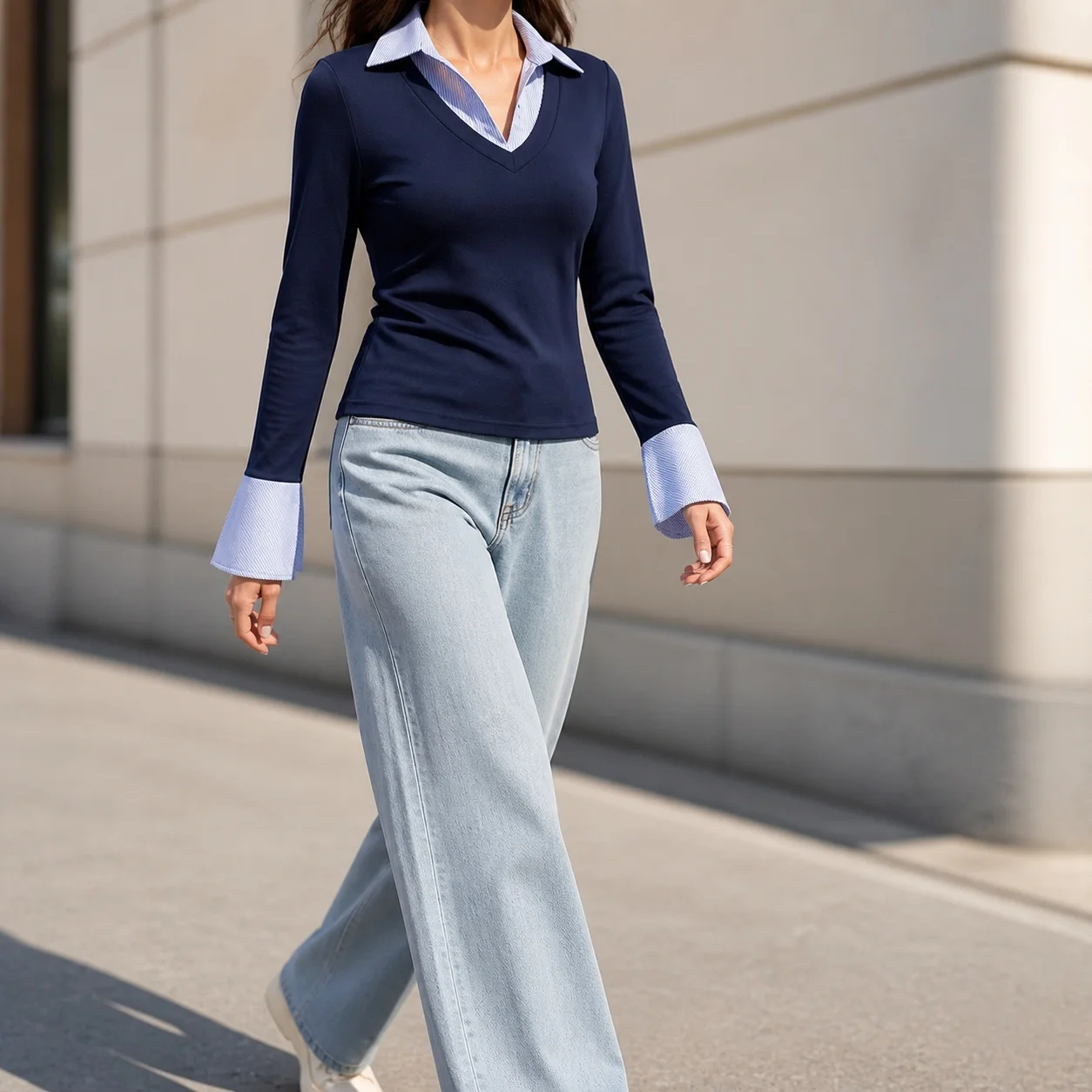 Women's Blouse T-shirt Woman Casual V Neck Color Block Fitted Knit Cotton Pullover Regular Length Contrast Collar Slim Fit Top