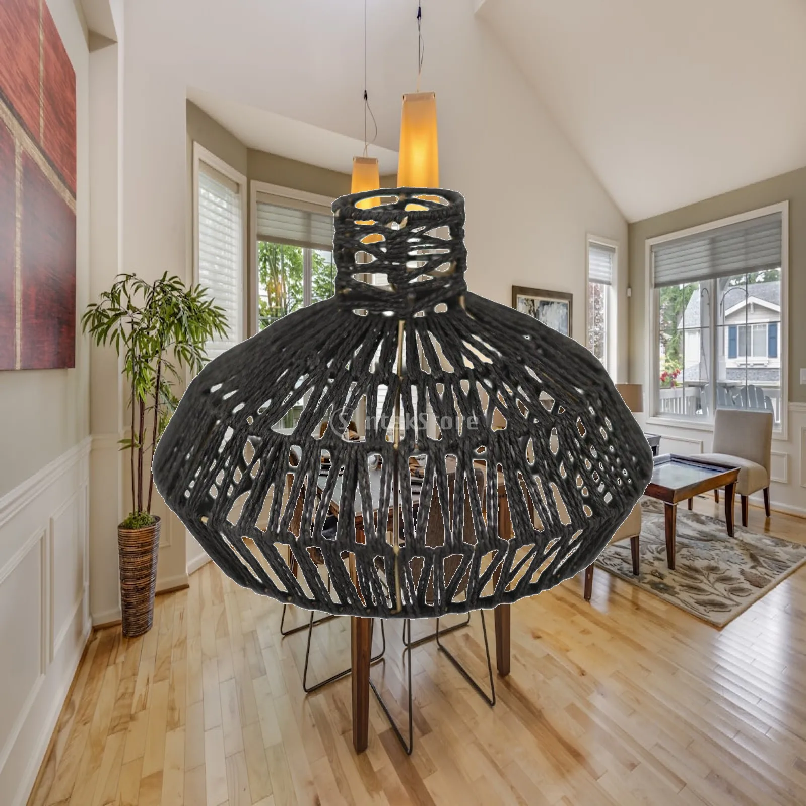 Rustic Paper Rope Pendant Lamp Shade Handmade Woven Ceiling Light Cover Natural Fiber Hanging Lamp for Kitchen Dining Table Boho