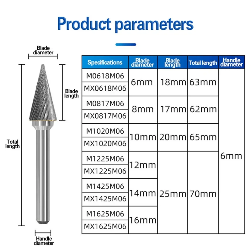 Tungsten steel grinding head carbide rotary file conical milling cutter metal grinding engraving single and double groove M type