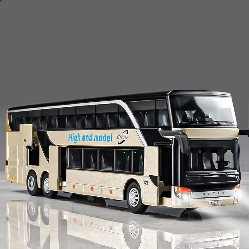 Luxury Electric Airport Business Bus Alloy Car Model Diecast Simulation Metal City Tour Bus Model Sound and Light Kids Toys Gift