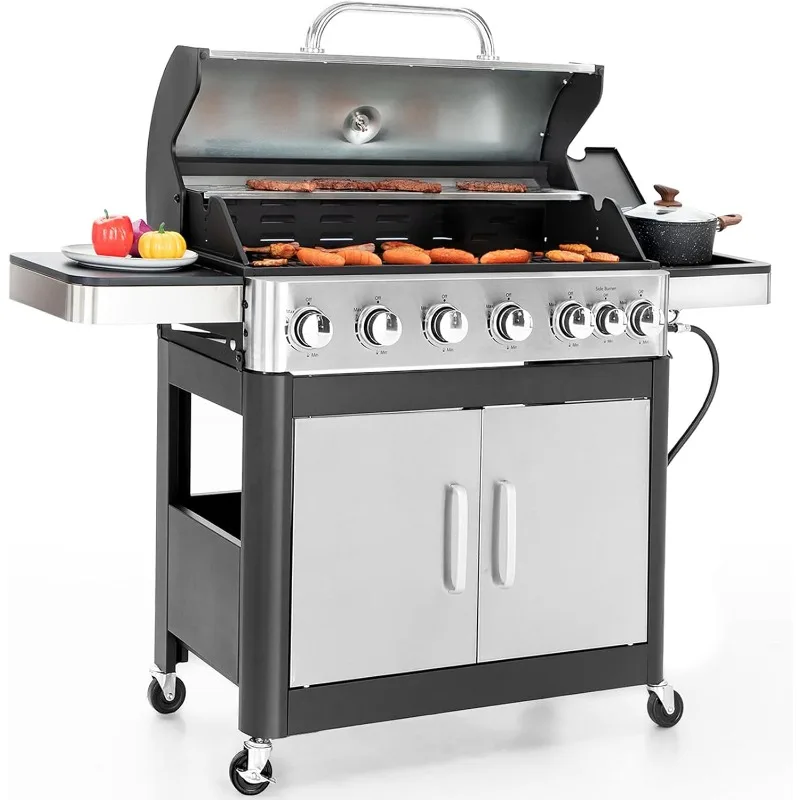 

& William 6-Burner Propane Gas BBQ Grill with Side Burner & Porcelain-Enameled Cast Iron Grates, Stainless Steel Barbecue