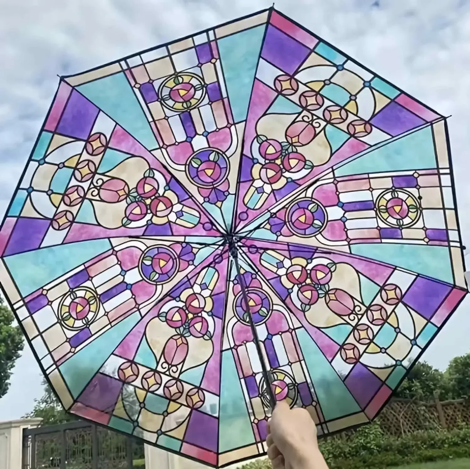 2024 New 4PCS British Style Rainforest Arch Transparent Umbrella Painted Glass Transparent Rain Long Handle Automatic Umbrella