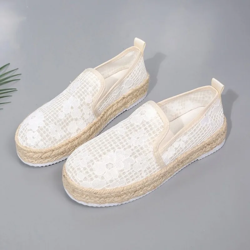 Flax Oriental retro breathable Loafers Faux pearls detail espadrille flats Simple mesh canvas women shoes