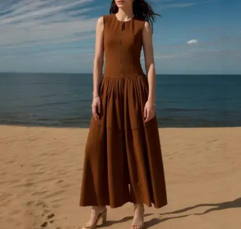 2025 elegante sexy nova moda casual sem mangas em torno do pescoço zíper frontal design cintura alta e grande balanço vestido em camadas