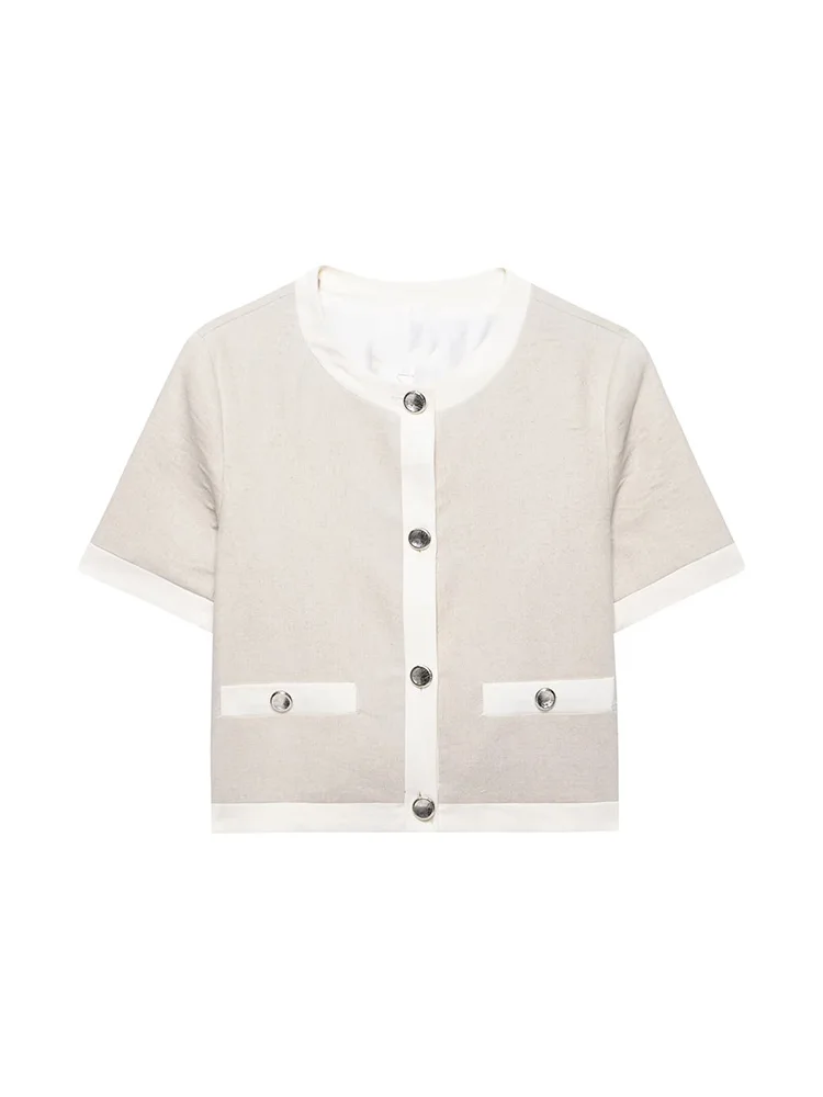 

SIYANG Women Fashion With Pockets Solid Single Breasted Jackets Vintage O-Neck Short Sleeves Female Chic Lady Outfits