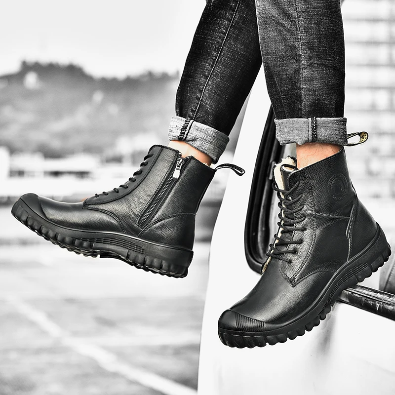 

Thick-Soled High-Top Men's Boots British Style Workwear Booties Anti Slip Breathable Shoes Side Zipper Lace Up Men's Shoes