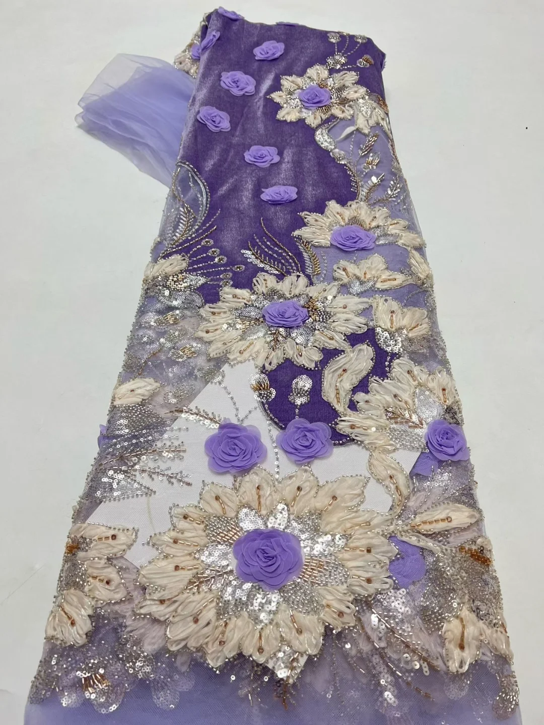 Beliebtes Design, modische afrikanische handgefertigte 3D-Perlen-Netzspitze mit Pailletten, französischer Stoff, Netzspitze, Abendkleid, zum Nähen, AT2885